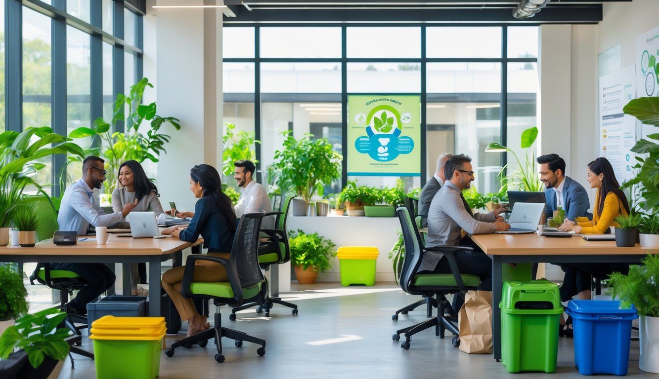 People working together in a bright coworking space with plants, recycling bins, and eco-friendly features promoting sustainability.