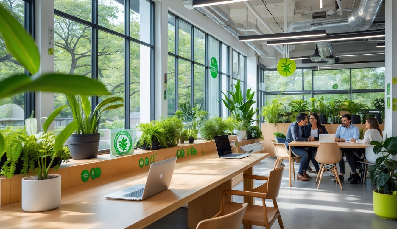 A modern coworking space with natural light, plants, and people working together at wooden desks.