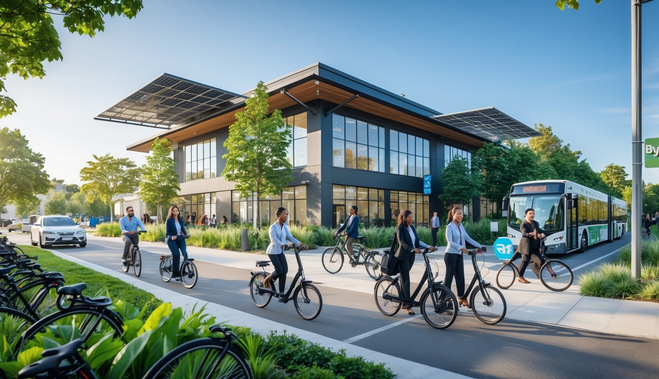 People arriving at a modern coworking building using bicycles, electric scooters, and electric carpool vehicles surrounded by greenery and solar panels.