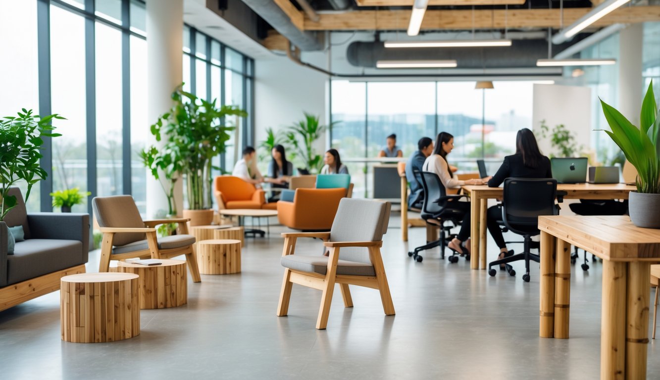A modern coworking space with eco-friendly wooden furniture, green plants, and people working together.