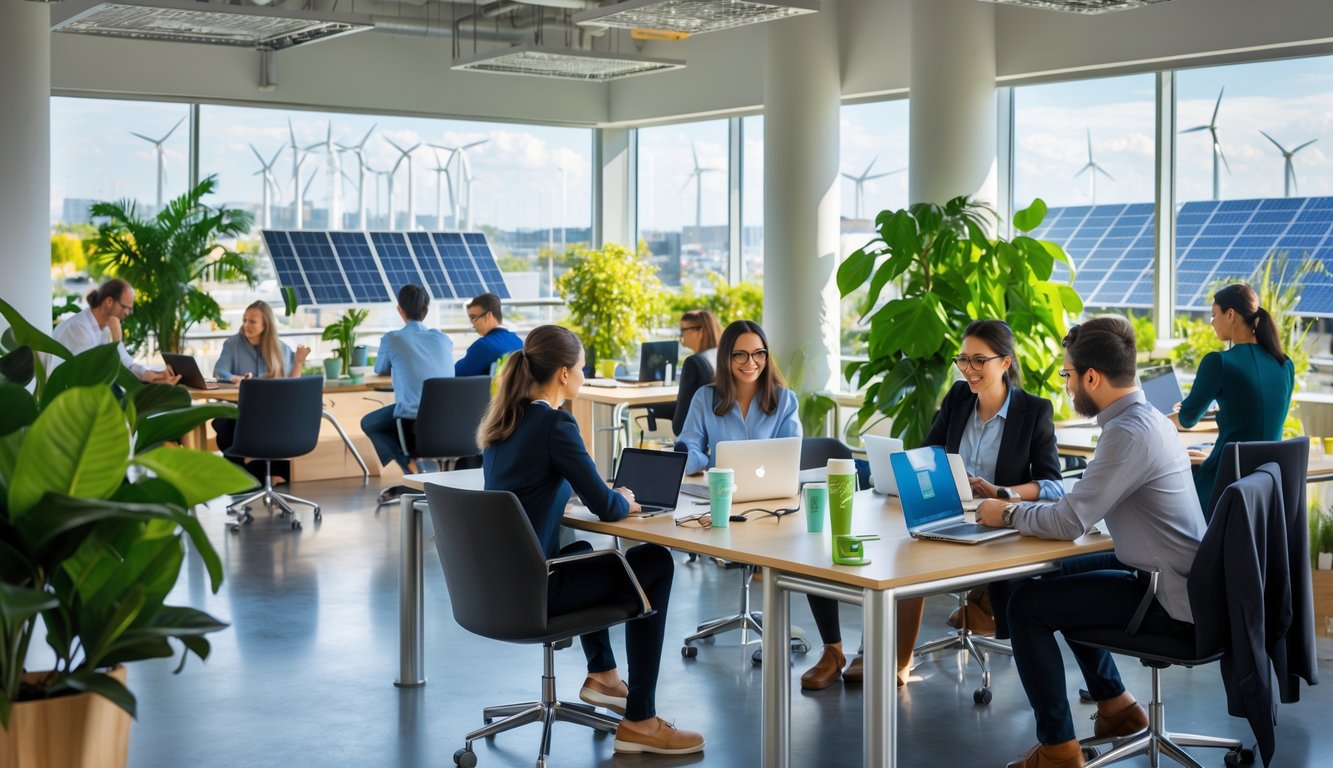 A modern coworking space with people working at desks surrounded by plants and eco-friendly decor, with a city view featuring solar panels and wind turbines.