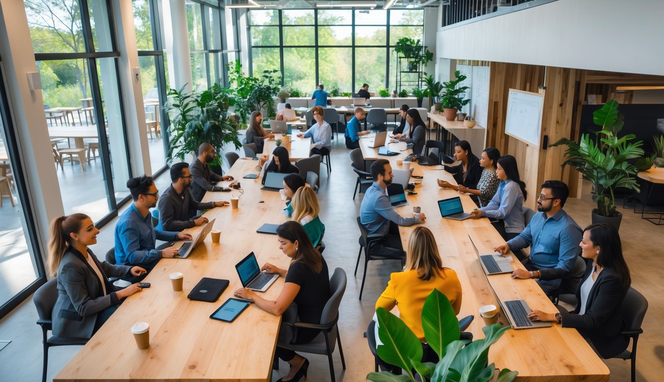 People working together in a bright coworking space with large windows, plants, and eco-friendly design elements.