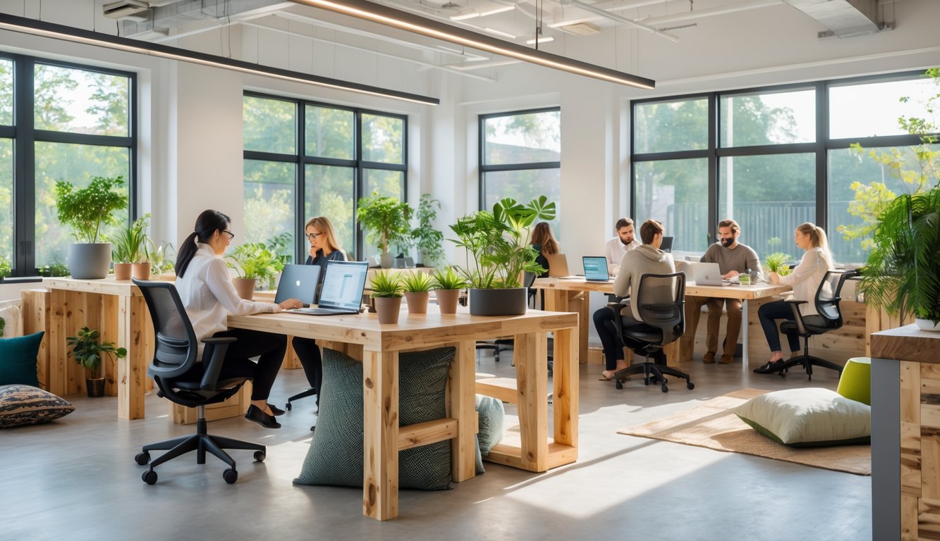 A modern coworking space with sustainable wooden furniture, green plants, and people working at desks near large windows.