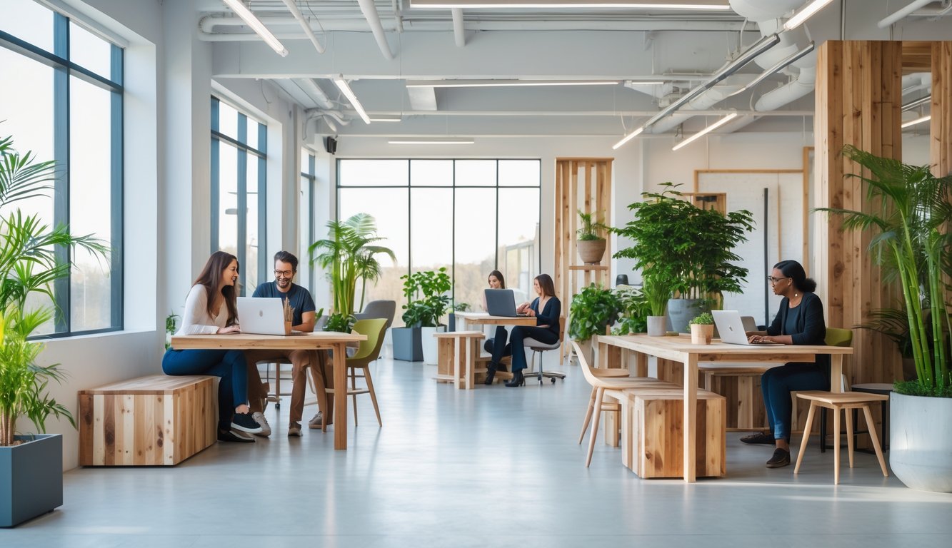 A bright coworking space with people working at desks made from sustainable materials and green plants around.