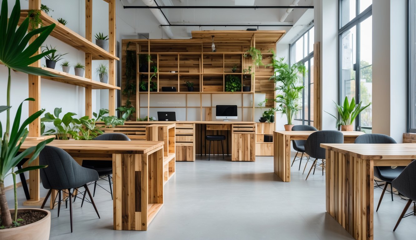 A bright coworking space with desks and chairs made from natural wood and recycled materials, surrounded by green plants.