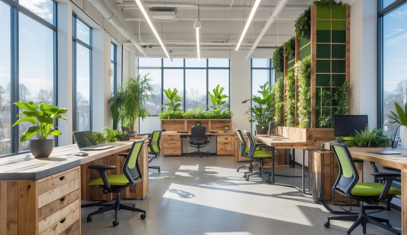 A bright coworking space with eco-friendly furniture, plants, and large windows letting in natural light.
