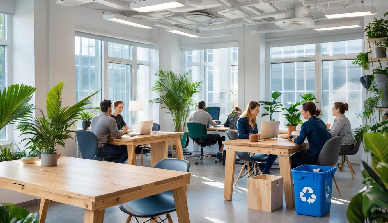 A modern coworking space with eco-friendly furniture, recycling bins, plants, and people working together.