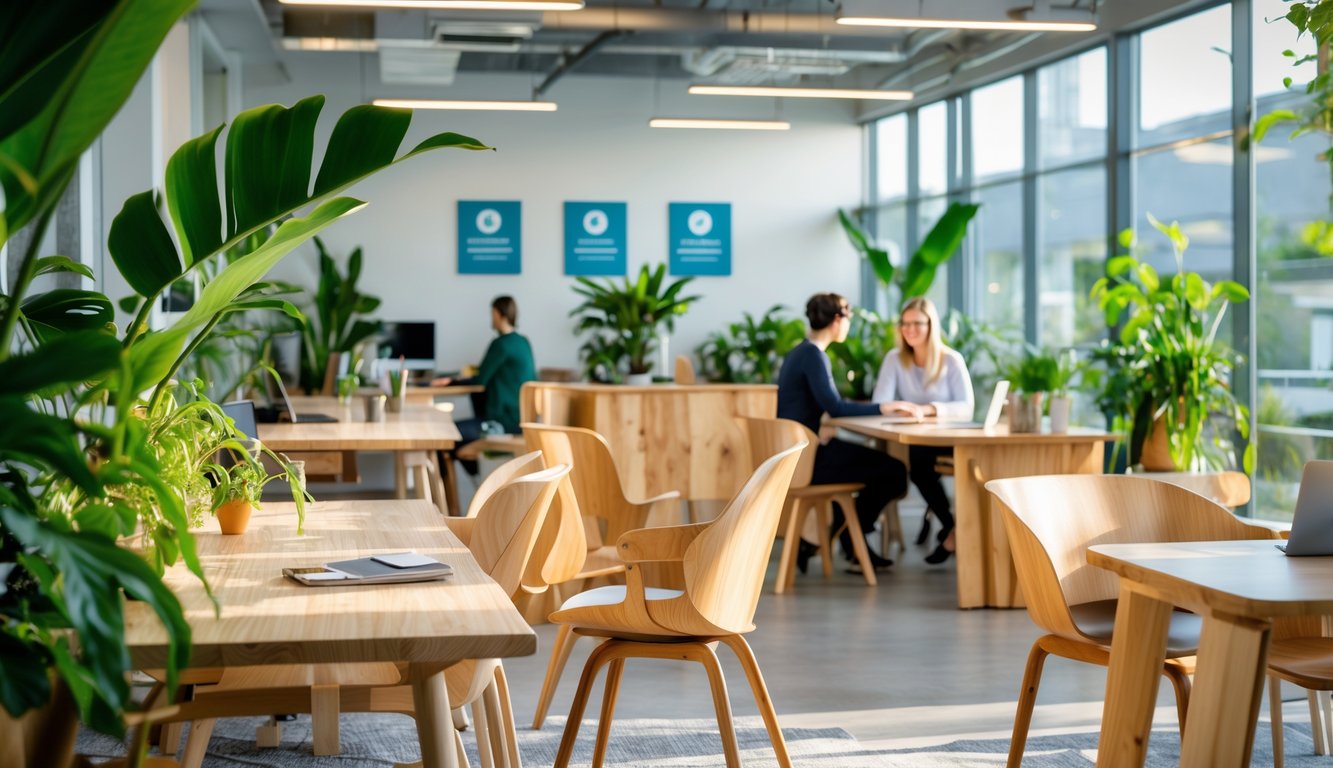 A modern coworking space with eco-friendly wooden furniture, green plants, and natural light, showing people working together.