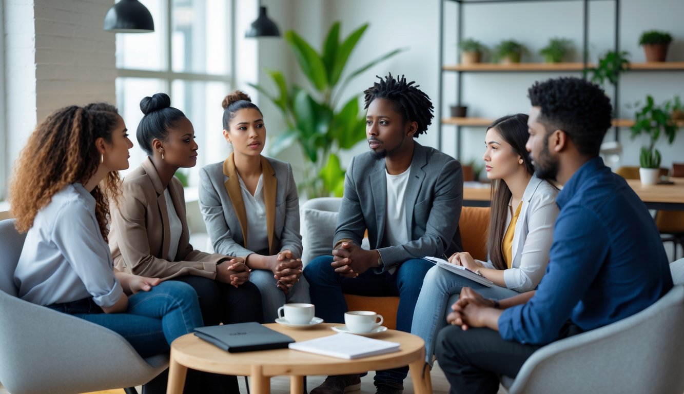 A group of diverse professionals having a supportive conversation in a modern coworking space with natural light and plants.