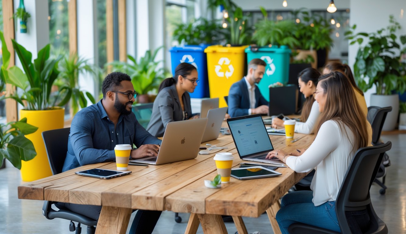 People working together at shared desks in a bright coworking space with recycling bins and plants visible.