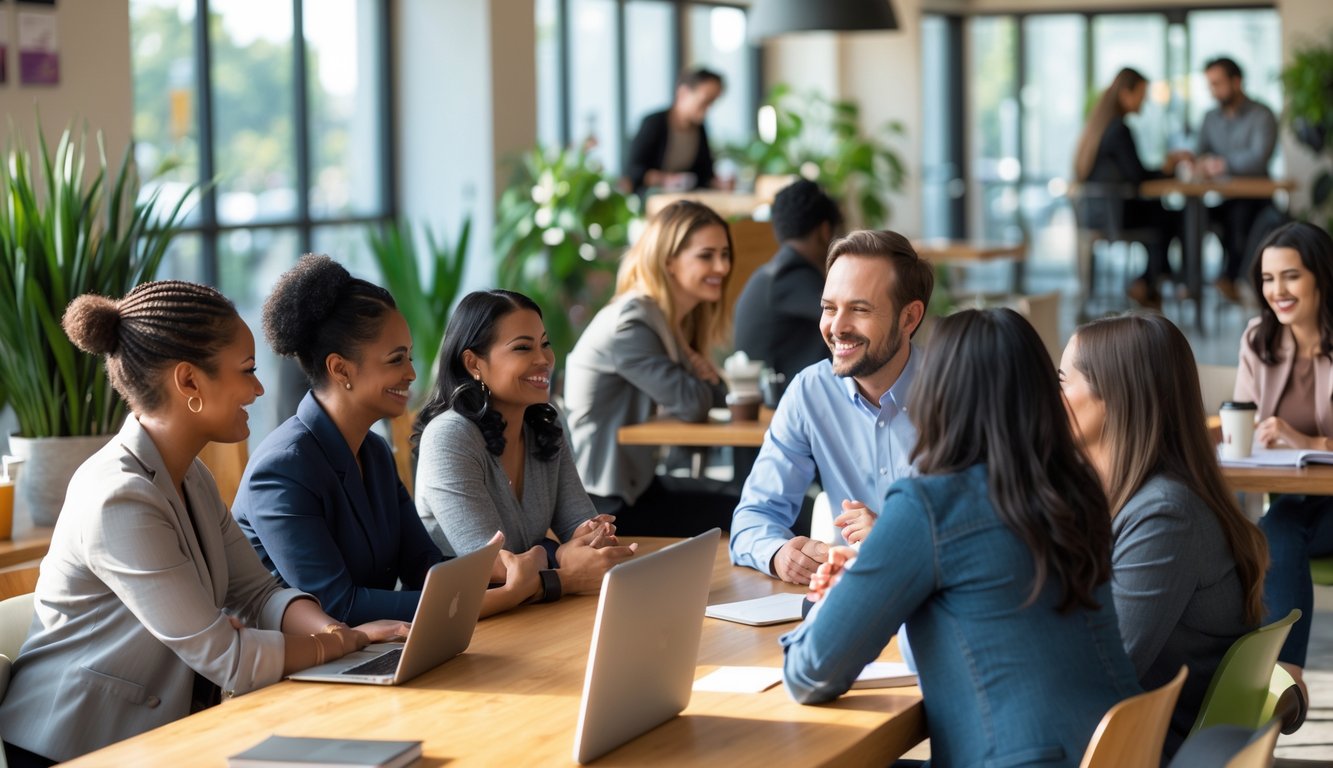 People in a bright coworking space engaged in friendly conversations and group discussions, fostering community and support.