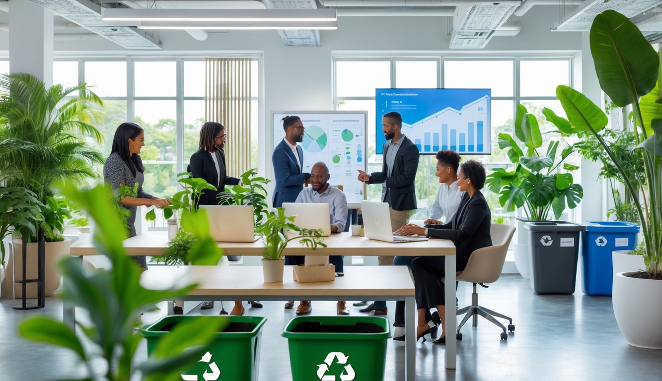 A modern coworking space with people working together, recycling bins, and plants promoting sustainability.