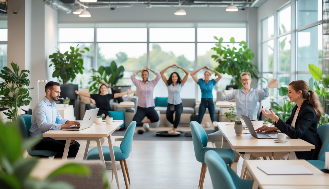 A bright coworking space with diverse people working independently and taking mindful breaks surrounded by plants and comfortable seating.