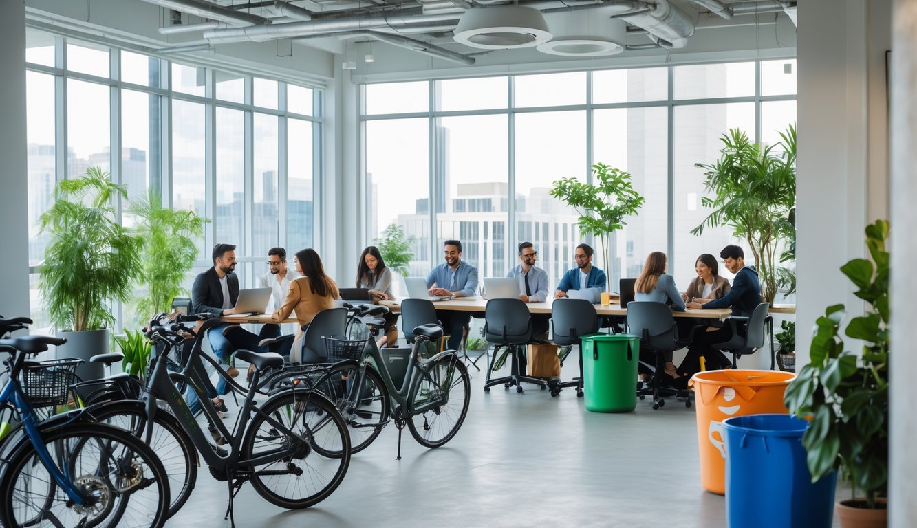 People working in a modern coworking space with bicycles parked nearby and recycling bins visible.