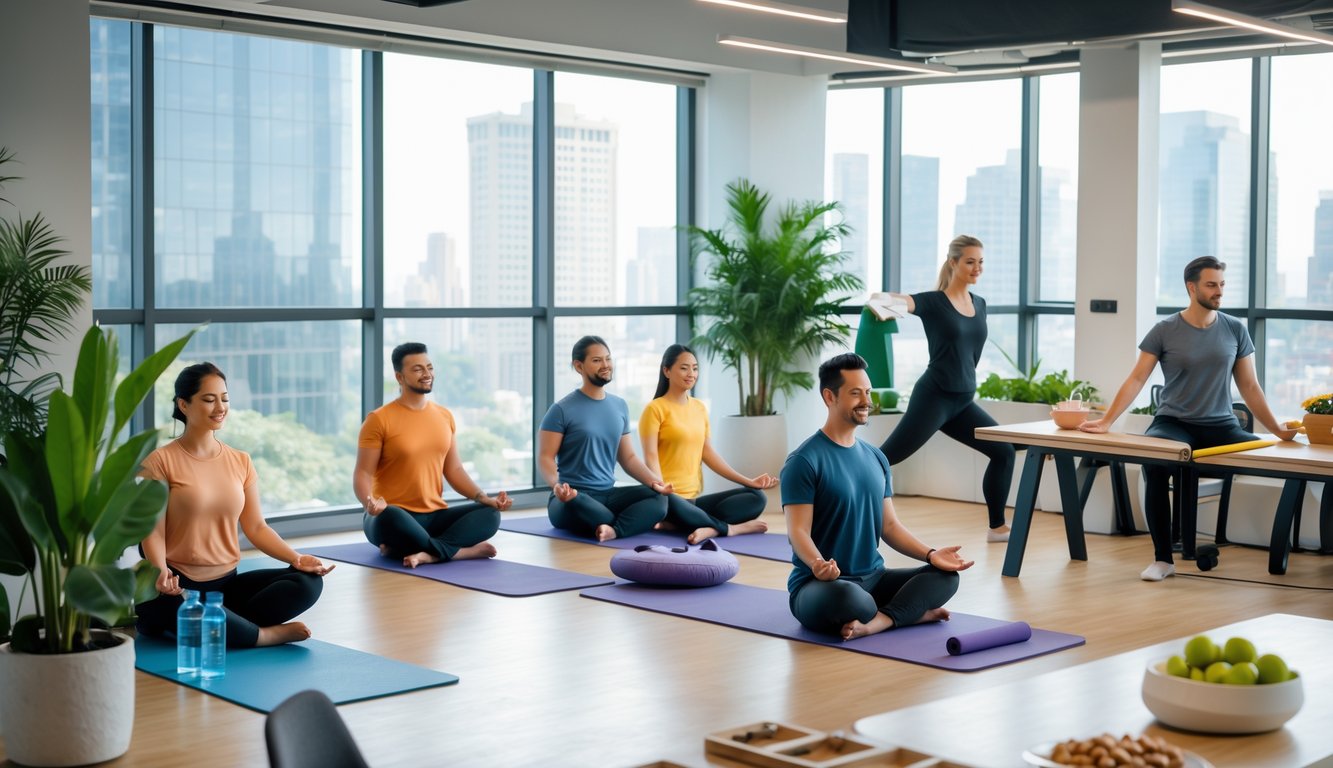 People practicing wellness activities like meditation and stretching in a bright coworking space with plants and ergonomic furniture.