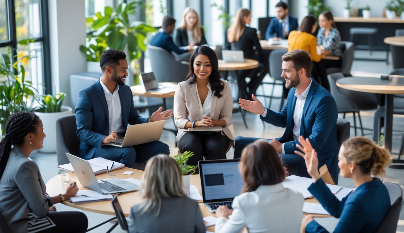 People collaborating and supporting each other in a bright coworking space with laptops and plants.