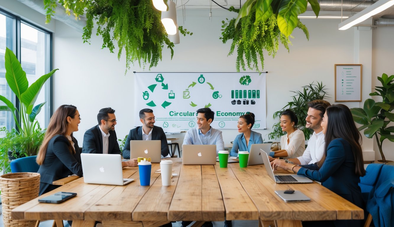 A group of professionals working together in a bright coworking space with plants, recycling bins, and eco-friendly furniture.
