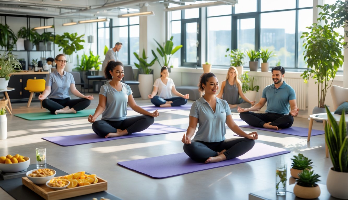 People in a coworking space participating in wellness activities like stretching, meditation, and enjoying healthy snacks.