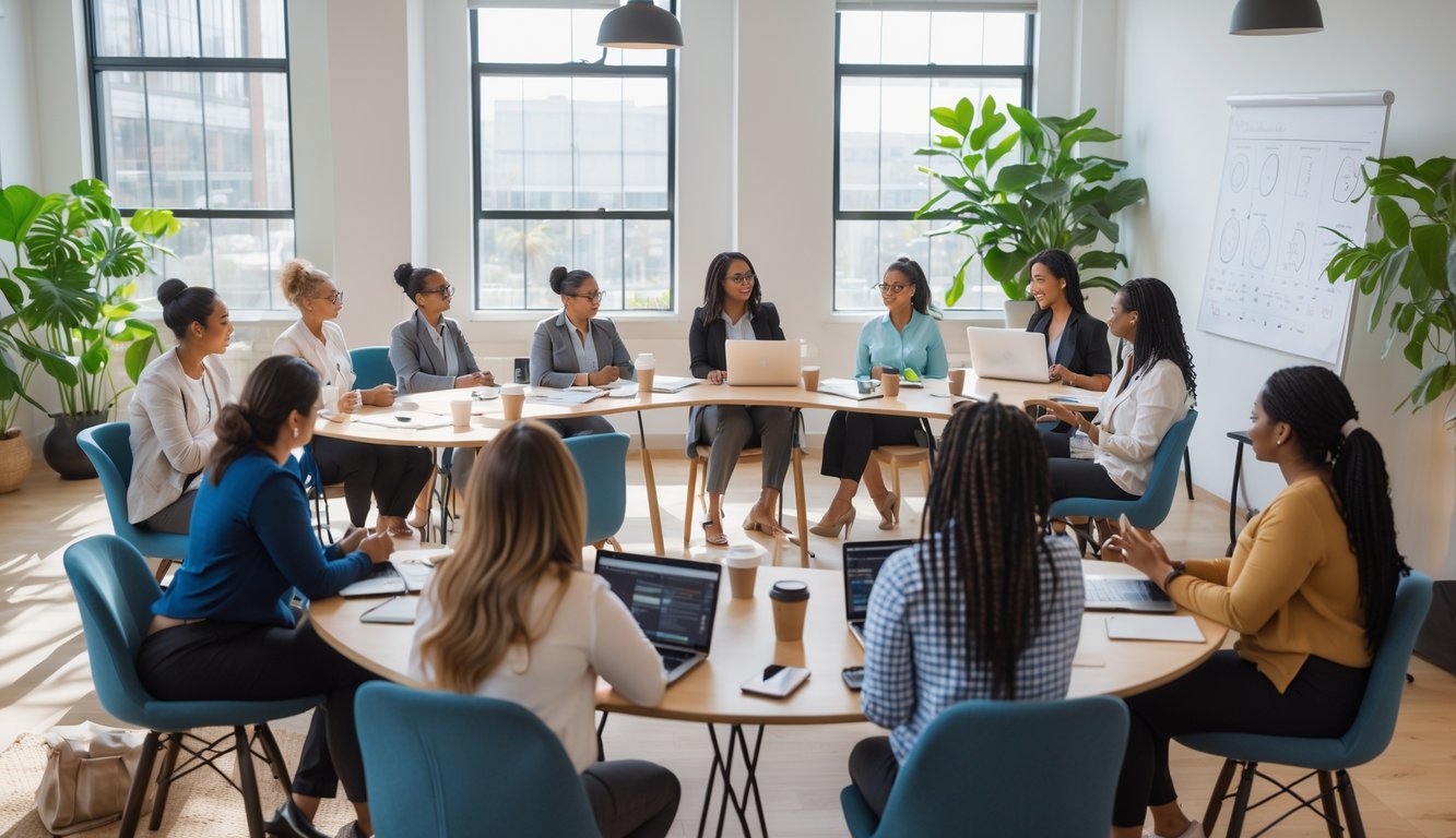 People in a coworking space participating in a workshop on mental health support and skill development, sitting in groups around tables with laptops and notebooks.