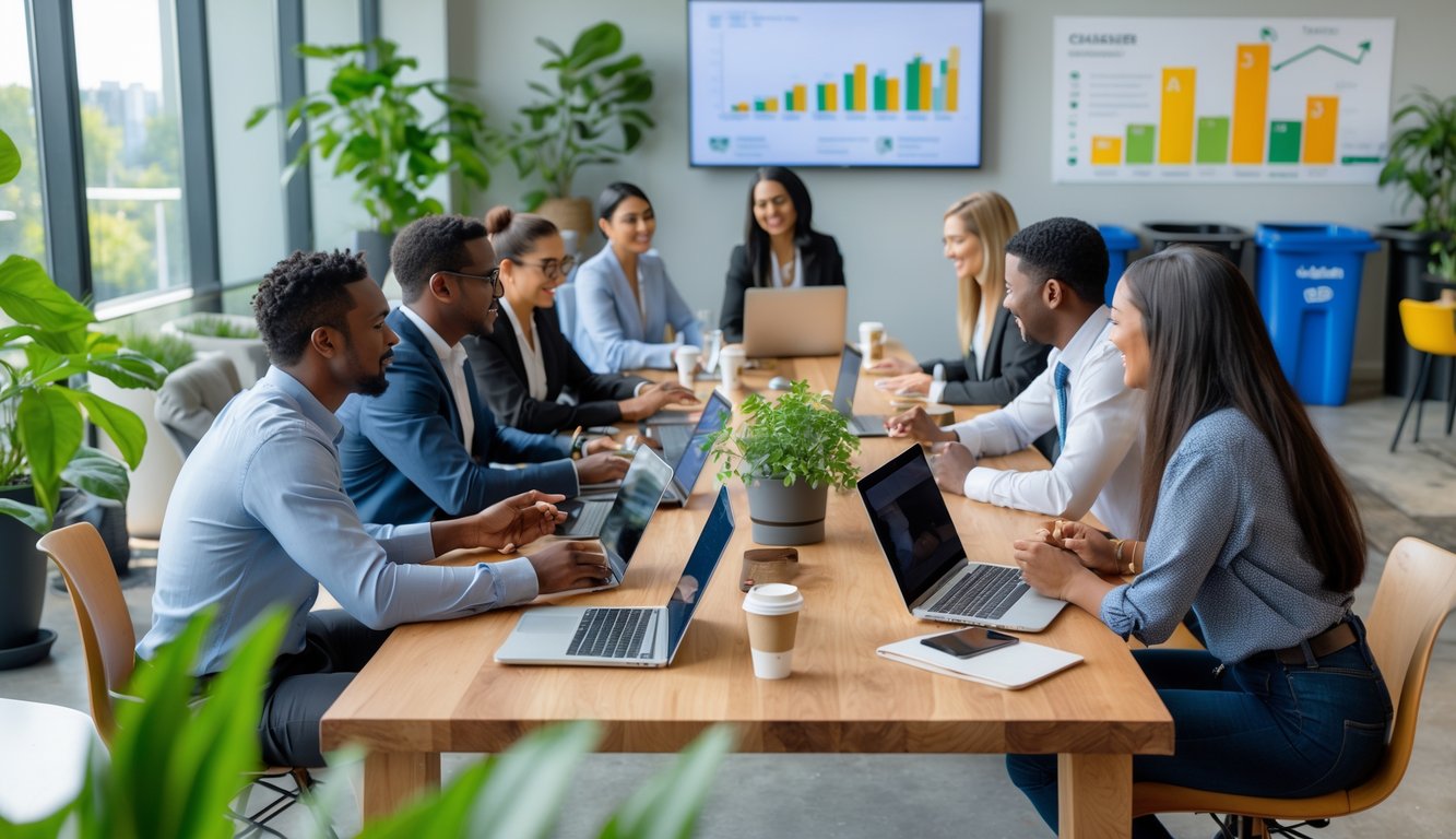 A group of diverse professionals collaborating around a table in a bright coworking space with plants and recycling bins.