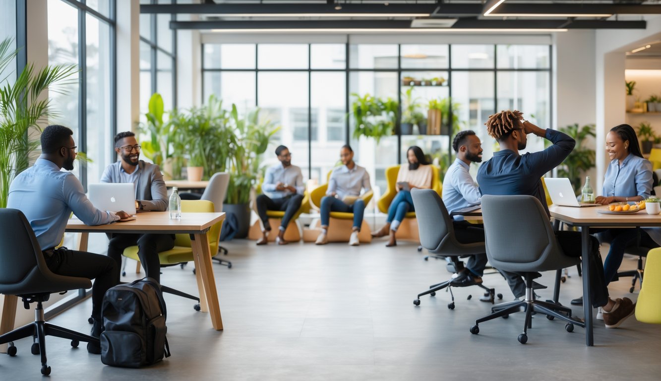 A bright coworking space with diverse people working, collaborating, and taking mindful breaks surrounded by plants and comfortable furniture.