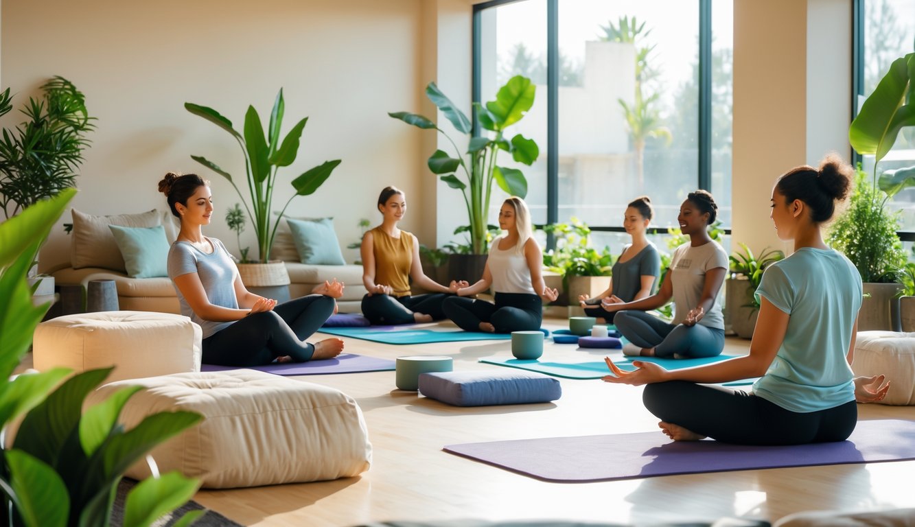 A modern coworking space with people practicing relaxation and mindfulness activities like meditation and stretching in a bright, plant-filled room.