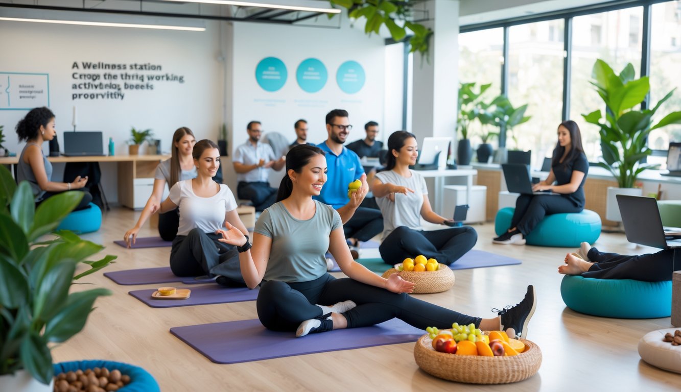 Employees in a bright coworking space doing stretching exercises, working at desks, and enjoying healthy snacks in a wellness-focused environment.