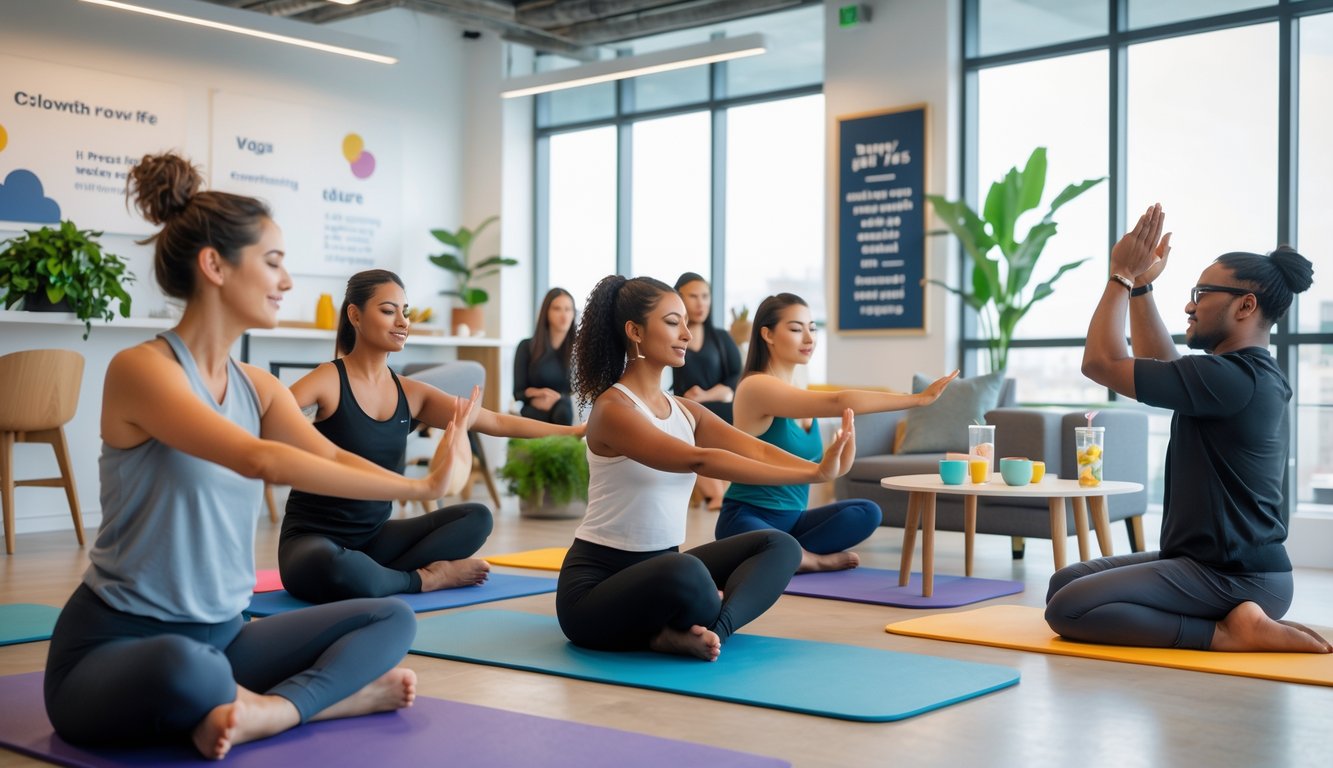 People practicing yoga and stretching in a bright coworking space with a wellness coach, healthy snacks on a table, and natural light coming through large windows.