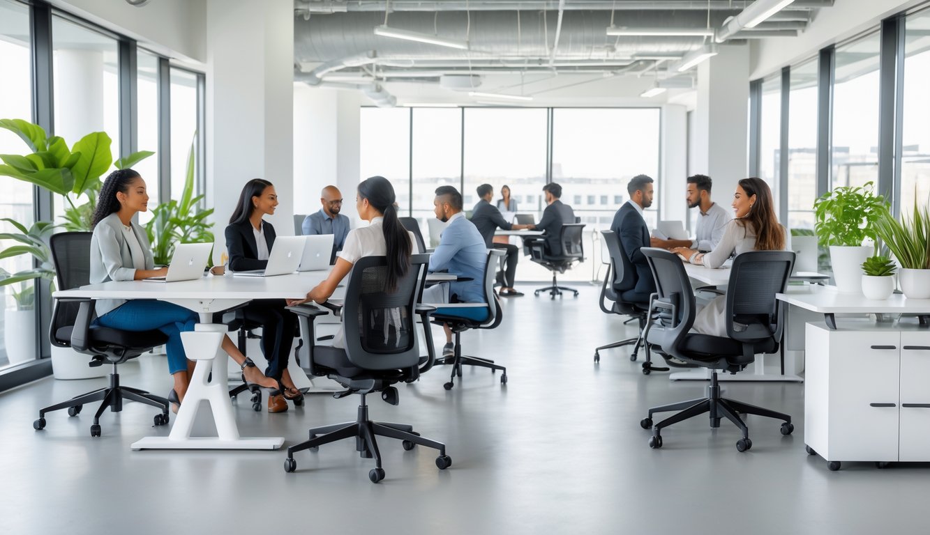 A modern coworking space with ergonomic chairs and adjustable desks, where people are working comfortably and collaboratively.
