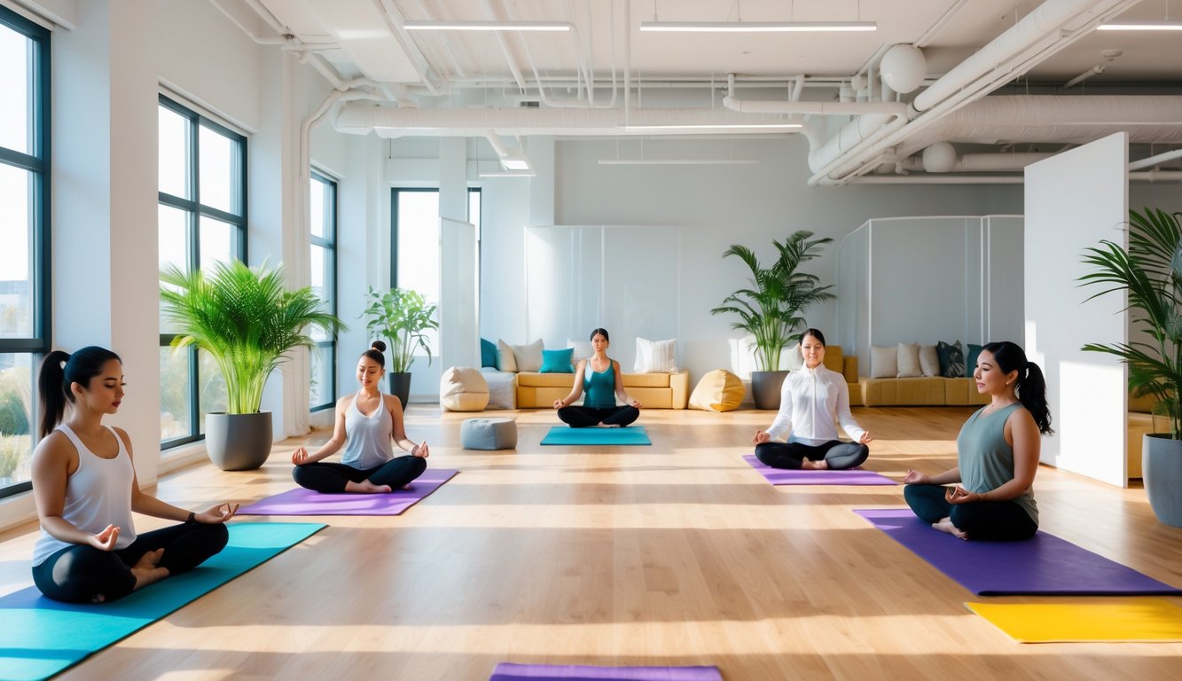 A coworking space with people practicing yoga and meditation in a bright, open room with plants and natural light.