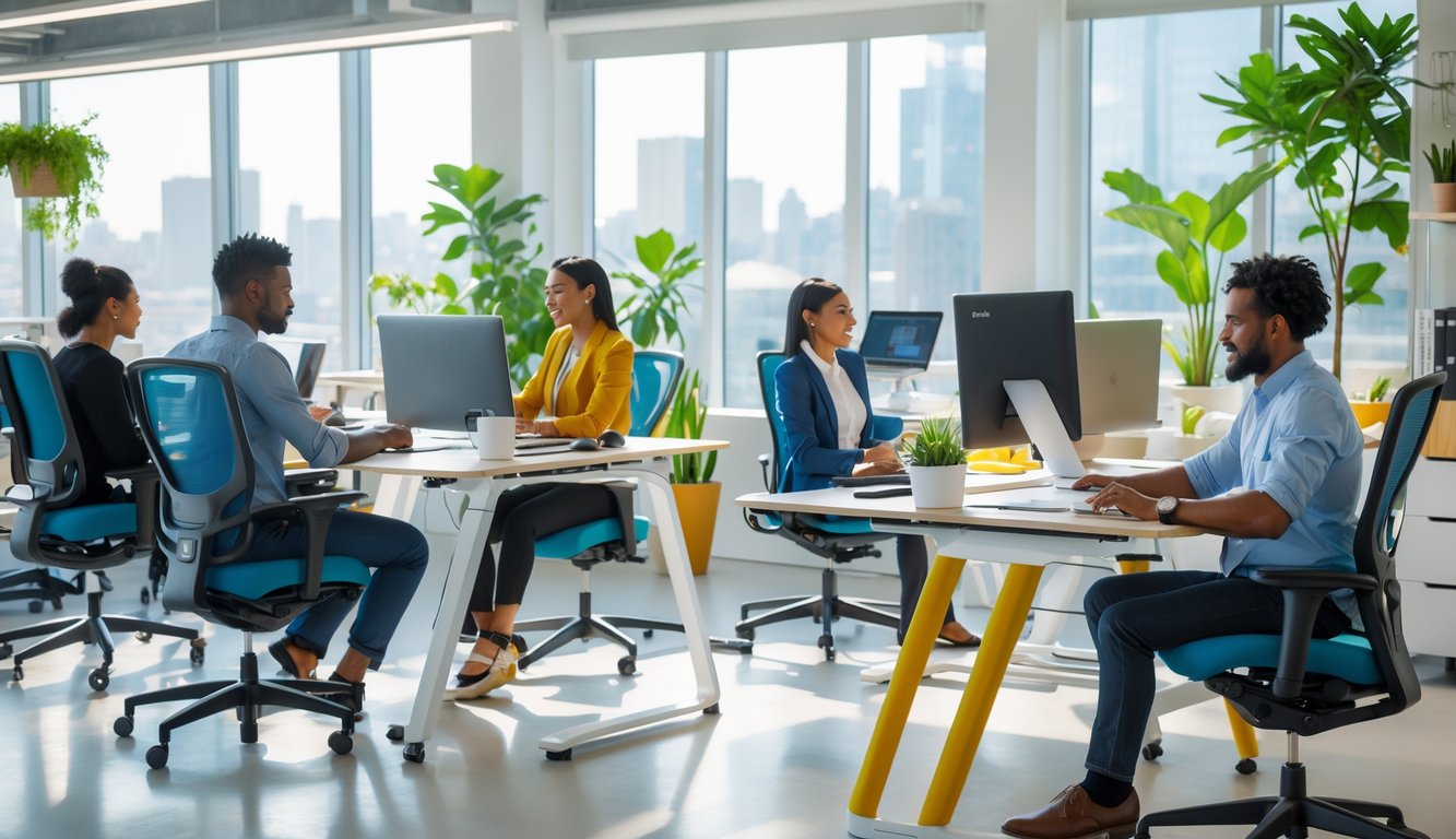 A modern coworking space with people working at ergonomic desks and chairs, surrounded by plants and large windows.