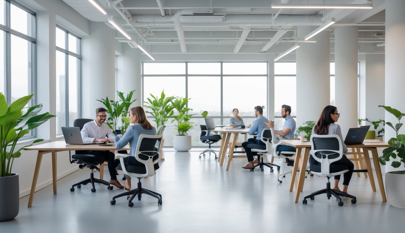 A modern coworking space with ergonomic chairs and desks, natural light, plants, and people working and collaborating.