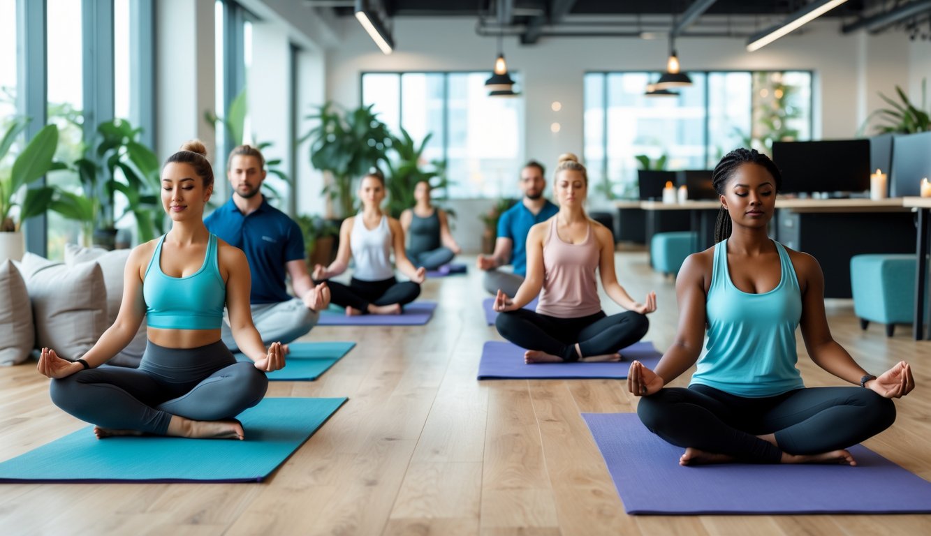 People practicing yoga and meditation in a bright coworking space with plants and natural light.