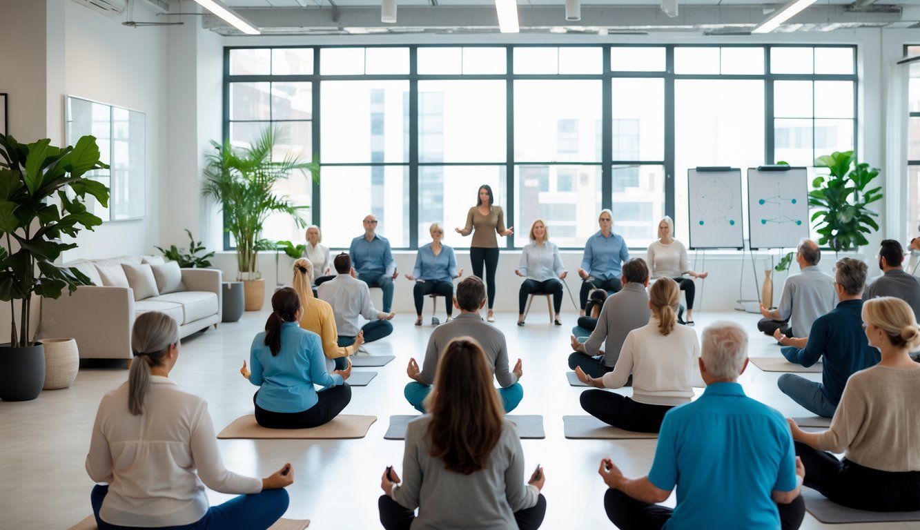 A group of adults practicing stress management exercises in a bright coworking space with large windows and modern furniture.