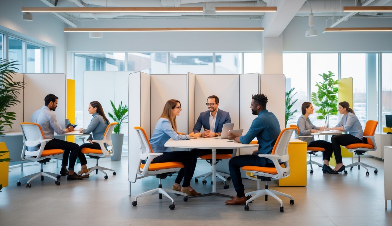 A modern coworking space with ergonomic desks and chairs, showing people working together and individually with privacy partitions.