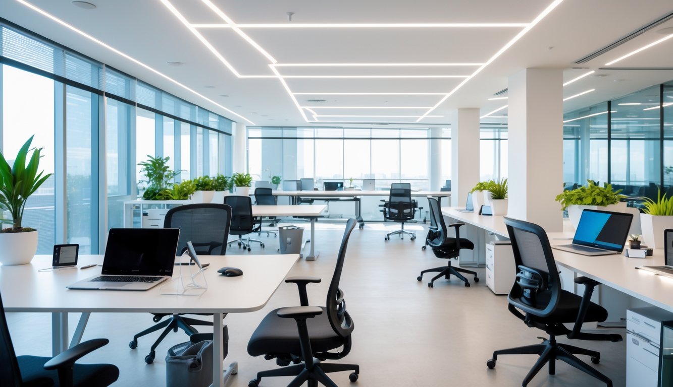 A modern coworking space with ergonomic chairs and desks, natural and artificial lighting, and various technology devices on the workstations.
