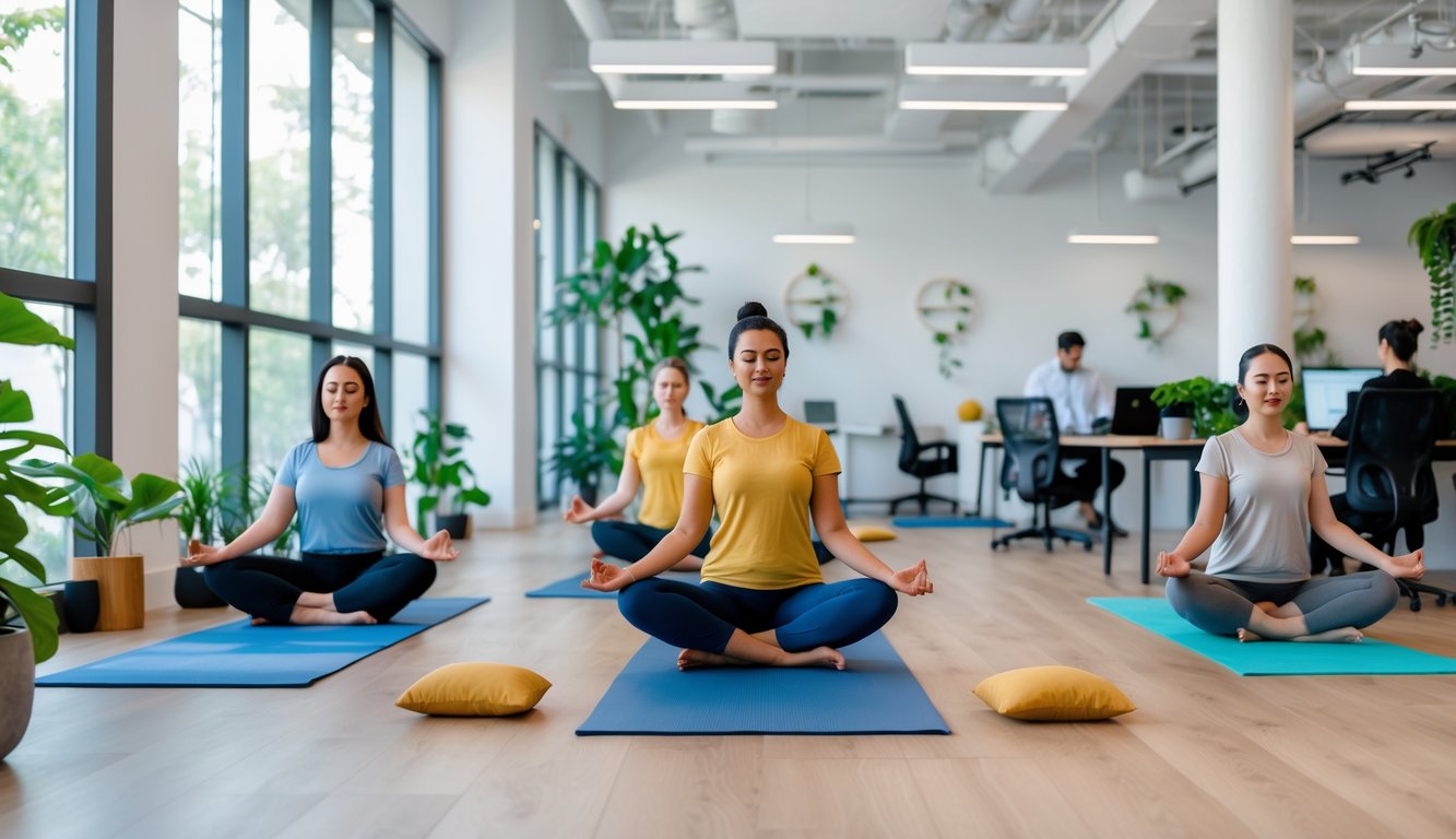 People practicing yoga and meditation in a bright coworking space with desks and laptops nearby.