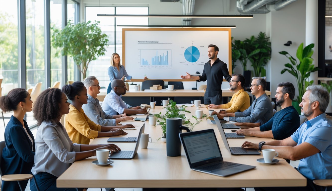 A group of adults participating in a stress management workshop in a bright coworking space, with a facilitator leading exercises and participants seated around a table.