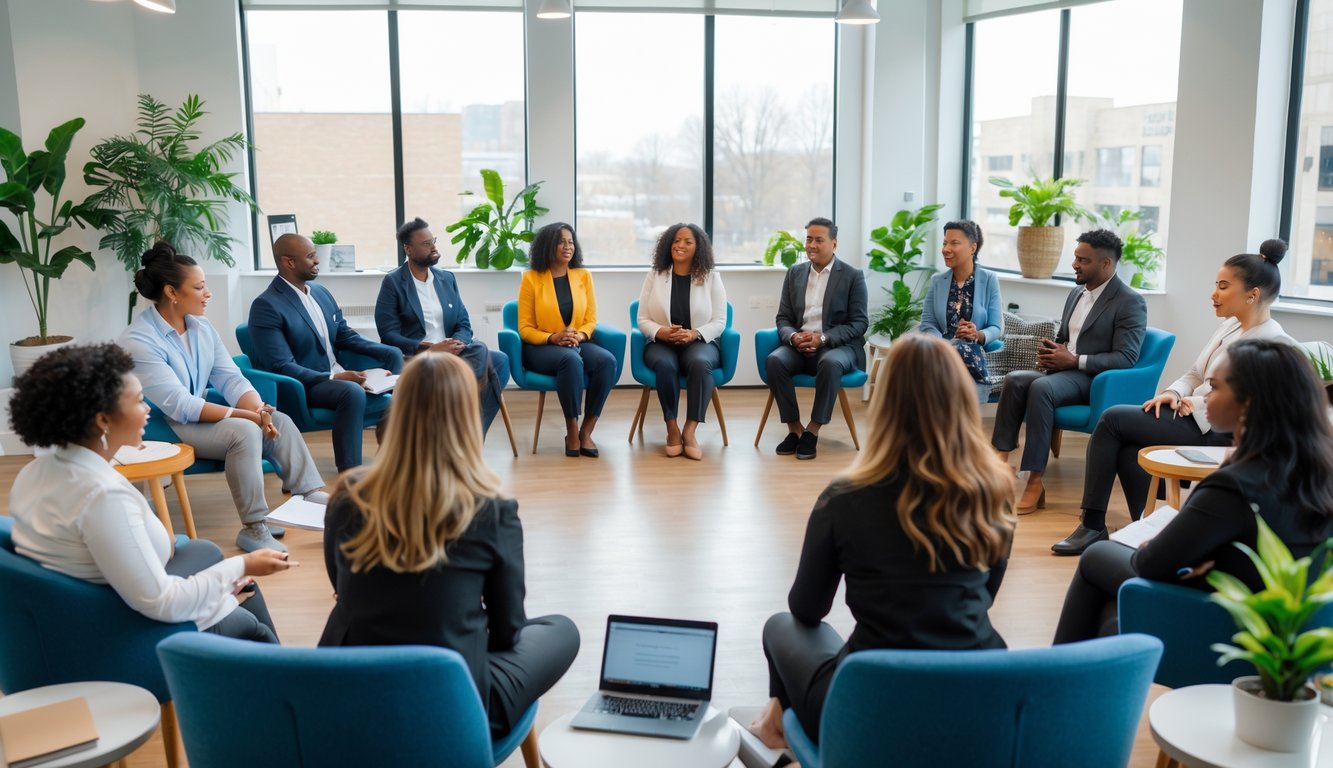 A group of professionals participating in a stress management workshop in a bright coworking space, sitting in a circle and listening to a facilitator.