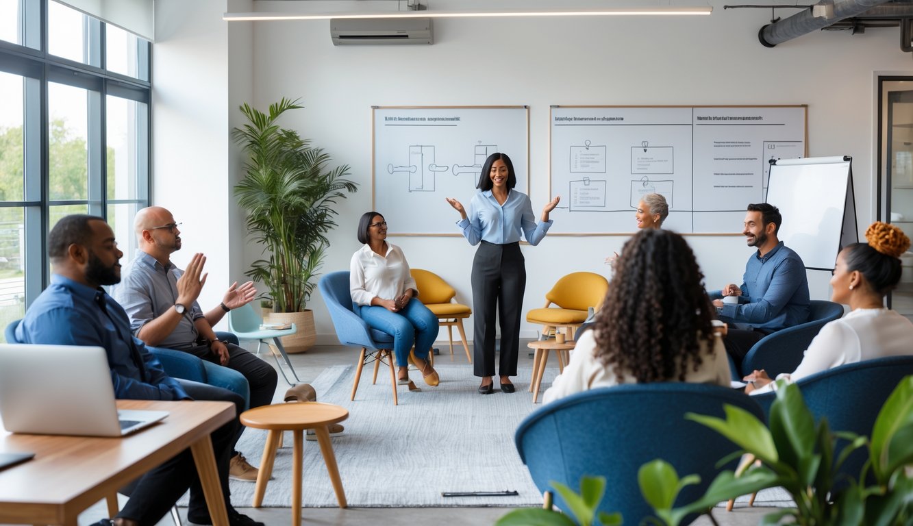 A group of adults attending a stress management workshop in a bright, modern coworking space, listening to a facilitator and practicing relaxation techniques.