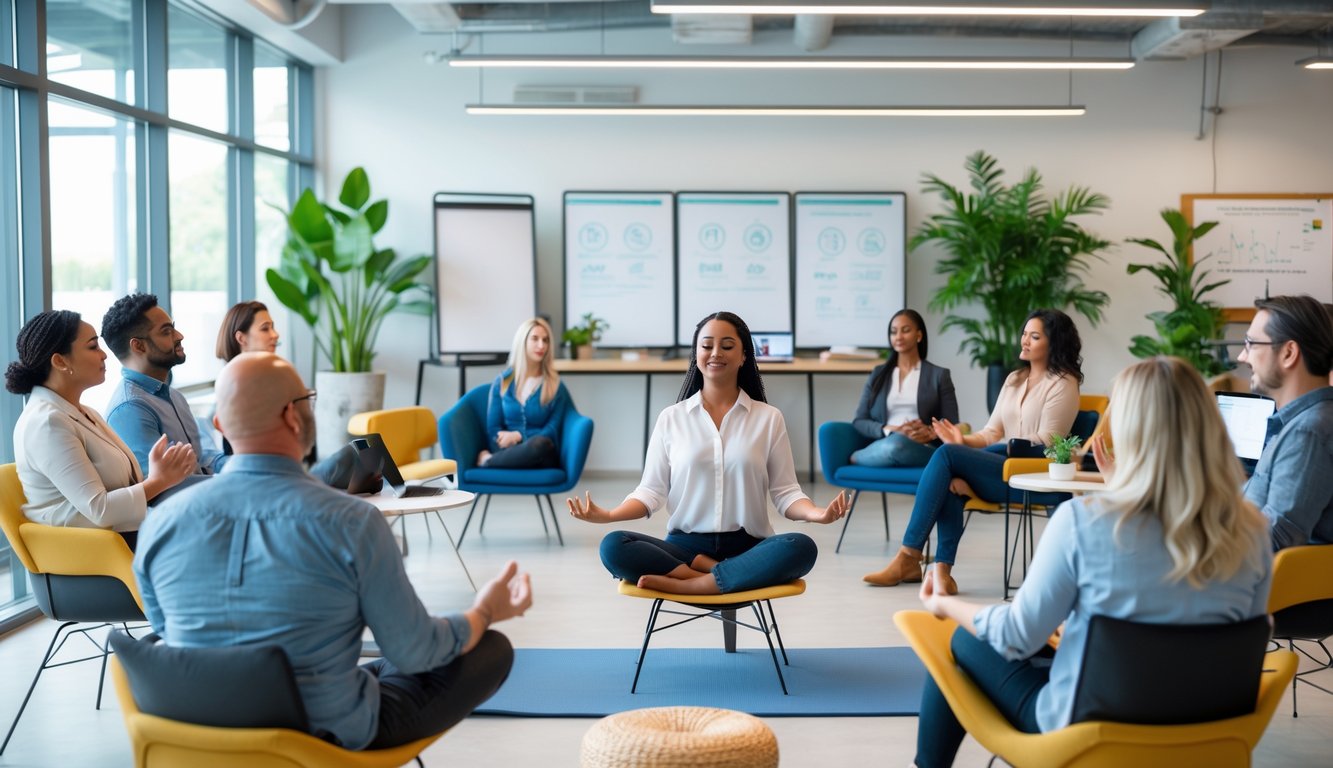 A group of adults participating in a stress management workshop in a bright coworking space with a facilitator leading the session.