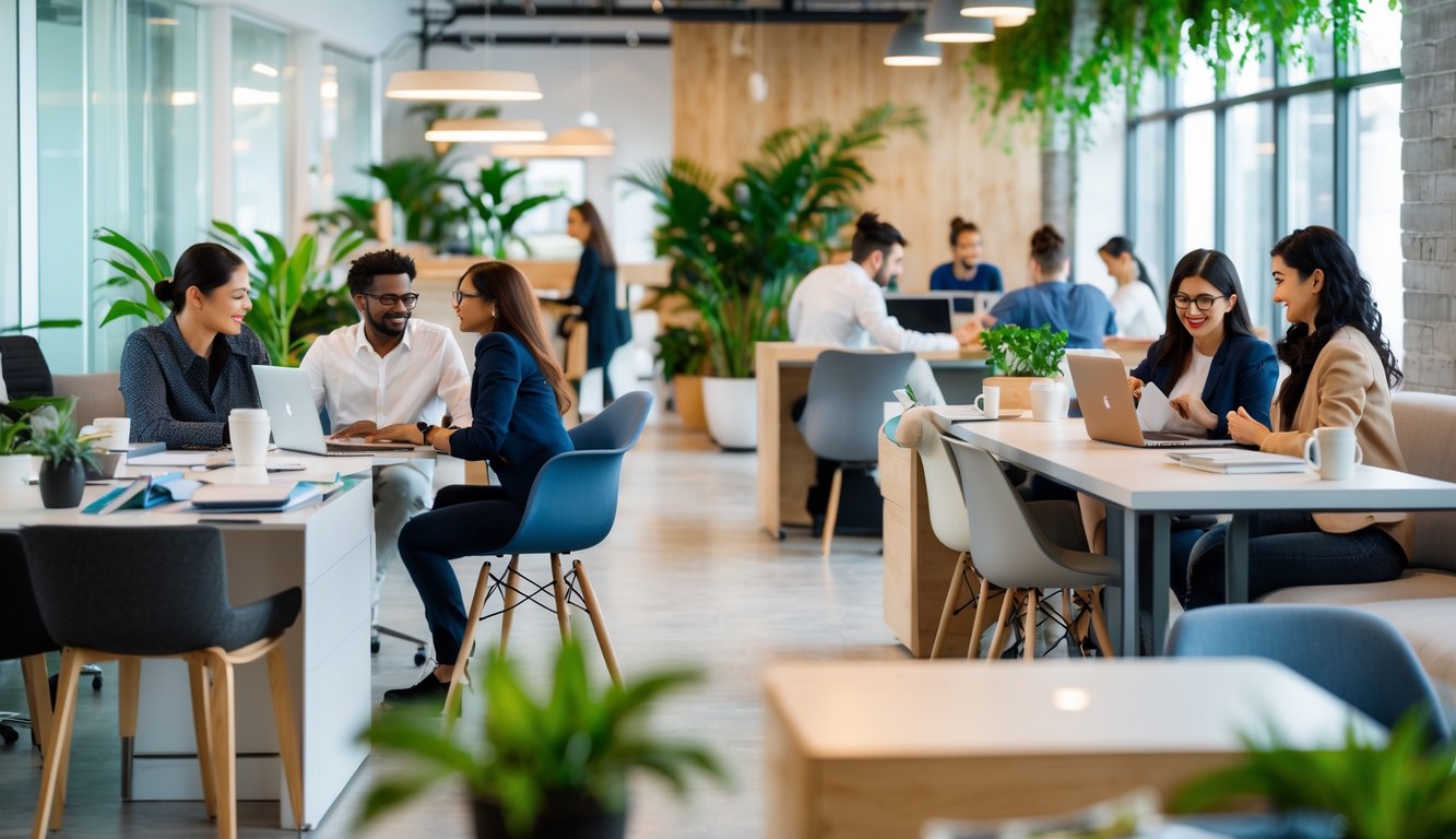 A modern coworking space with people working at desks and others relaxing in a lounge area surrounded by plants and natural light.