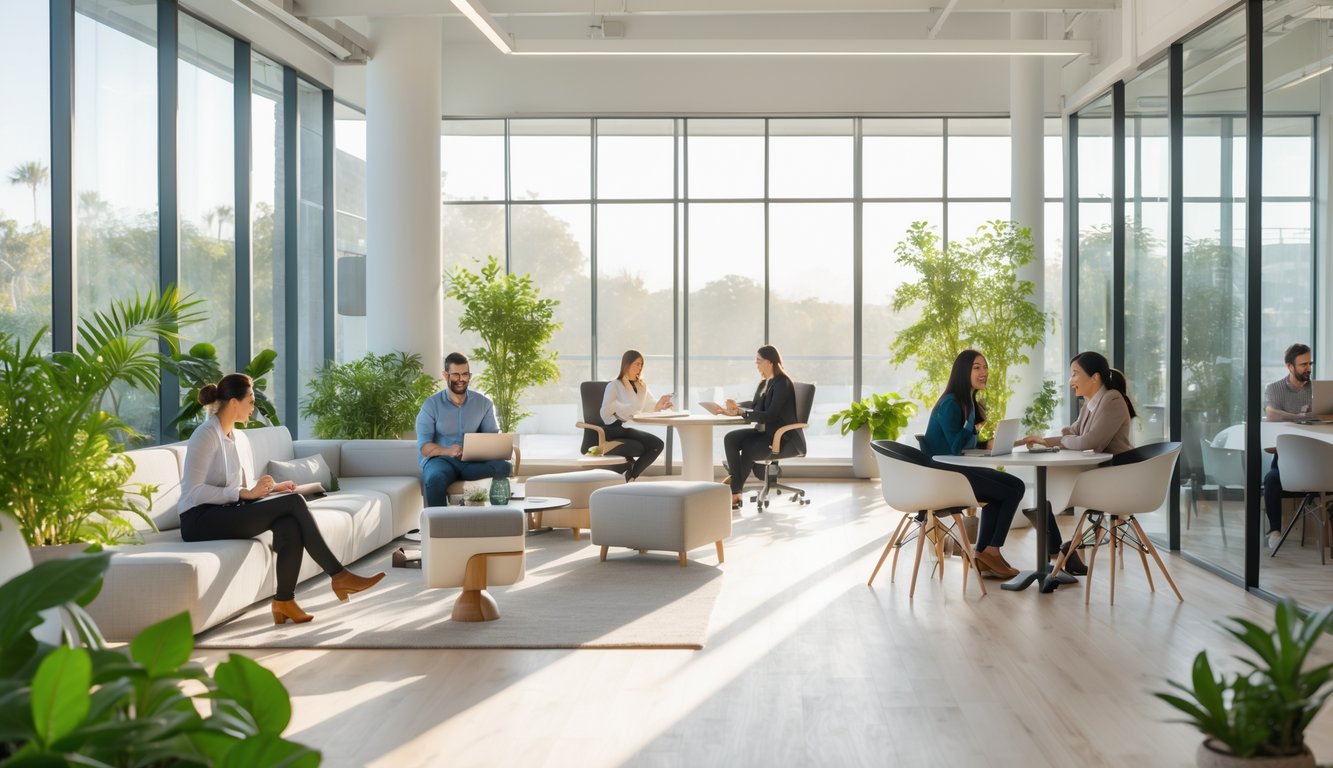 A bright coworking space with large windows letting in natural light, people working and talking, and green plants around the room.