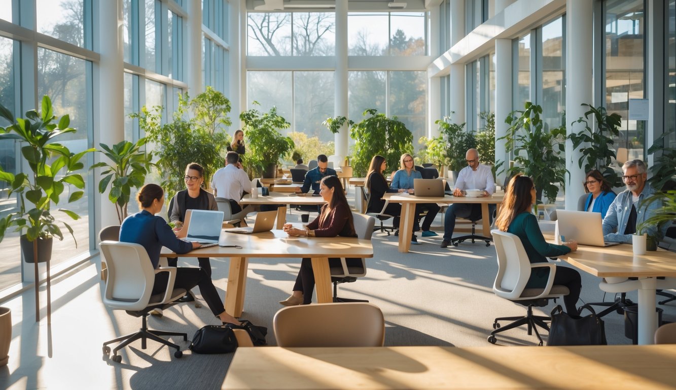 A bright coworking space with large windows letting in natural light, people working at desks, and green plants placed around the room.