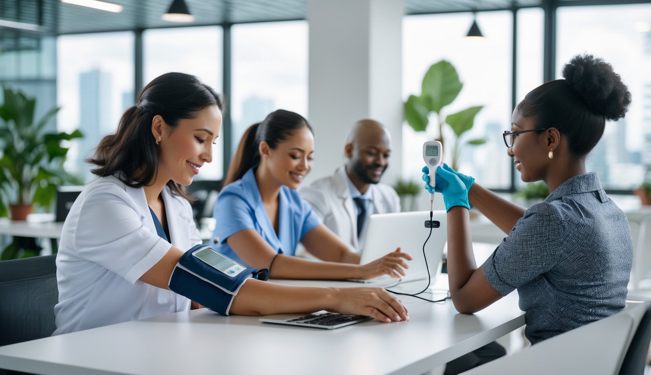 People in a coworking space receiving health screenings from healthcare workers, including blood pressure and temperature checks.