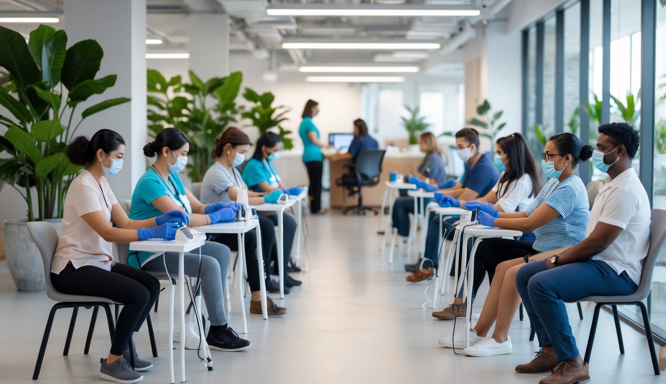 People receiving health screenings in a bright, modern coworking space with healthcare workers attending to them.