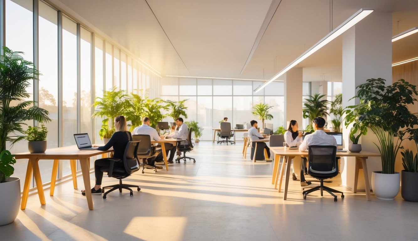 A modern coworking space with large windows letting in natural light, people working at desks, and indoor plants around the room.