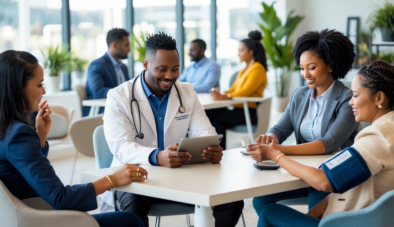 People in a coworking space receiving health screenings from a healthcare professional in a bright and modern office environment.