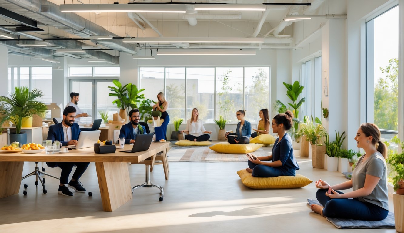 People working and relaxing in a bright coworking space with natural light, plants, and comfortable seating promoting mental health and work-life balance.