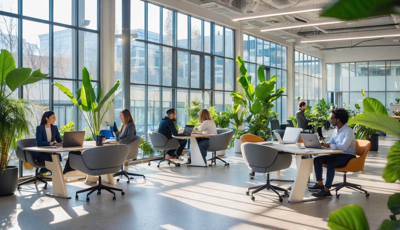A bright coworking space with large windows letting in natural light, people working at desks with plants around.
